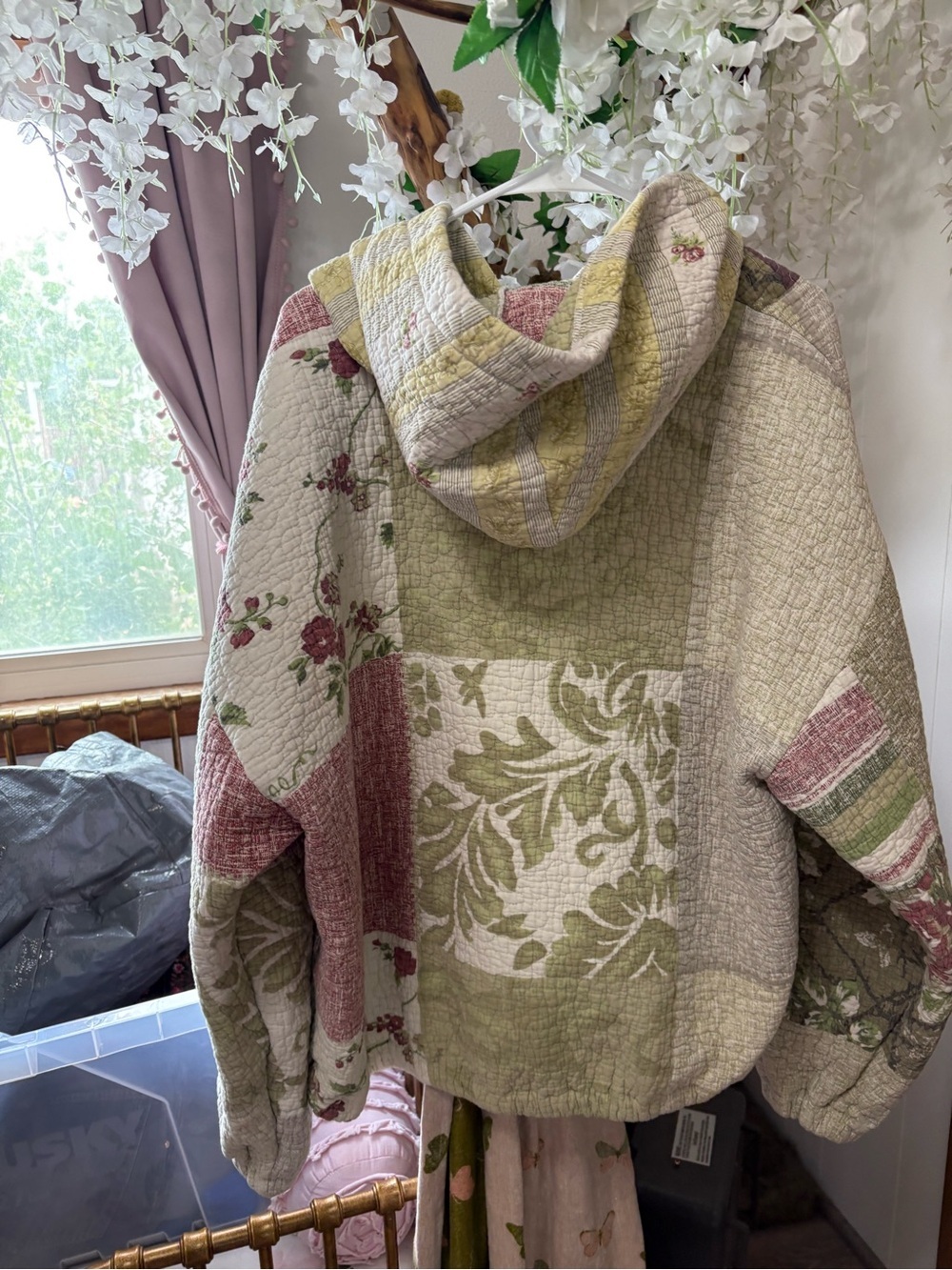Patchwork Quilted Handmade Oversized Floral Hooded Pullover in Sage & Mauve - Picture 3 of 5